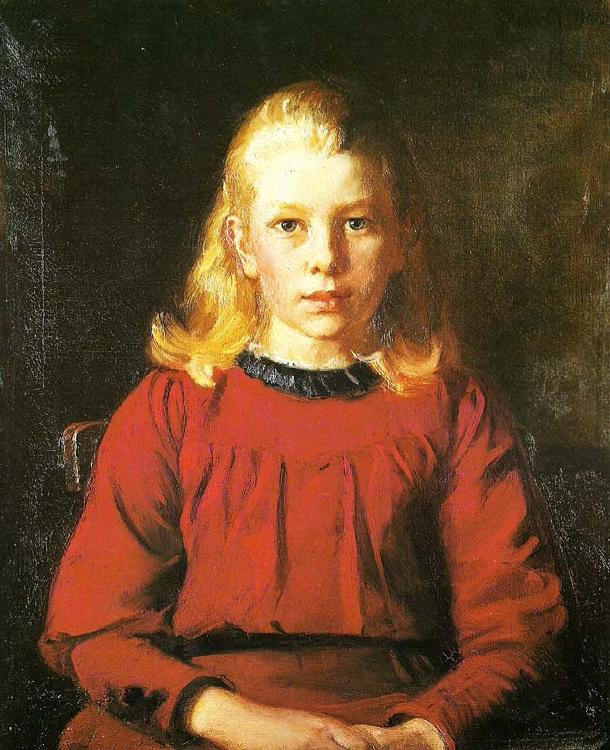 Michael Ancher helga i rod kjole oil painting picture